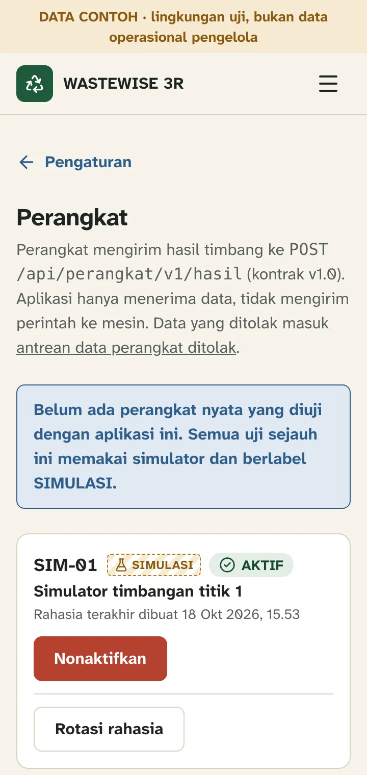 Halaman Perangkat dengan catatan belum ada perangkat nyata yang diuji dan simulator SIM-01