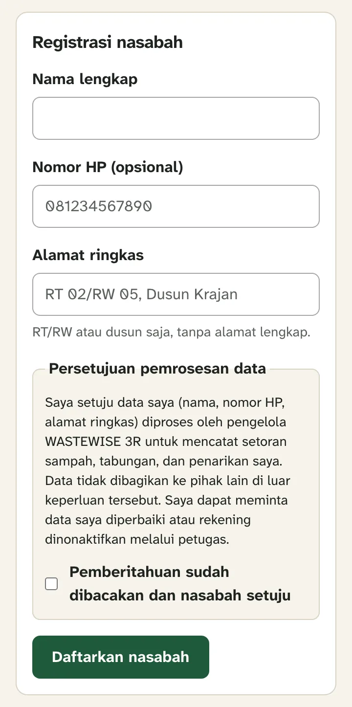 Formulir Registrasi nasabah dengan pemberitahuan pemrosesan data