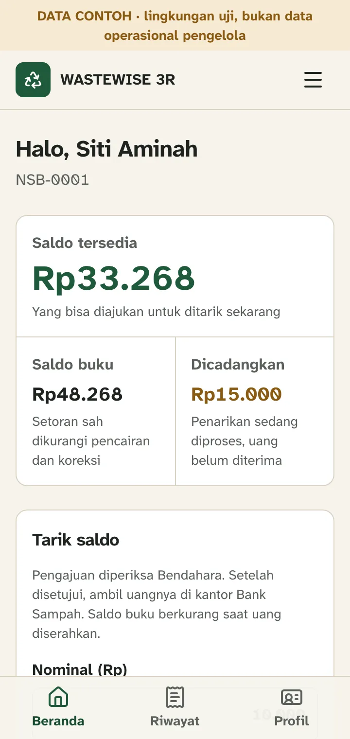 Beranda nasabah di ponsel dengan saldo tersedia, saldo buku, dan saldo dicadangkan