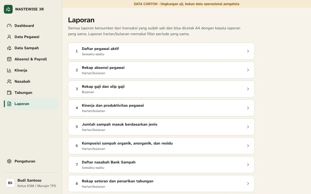 Daftar laporan untuk Ketua KSM dengan nomor, nama laporan, dan periodenya