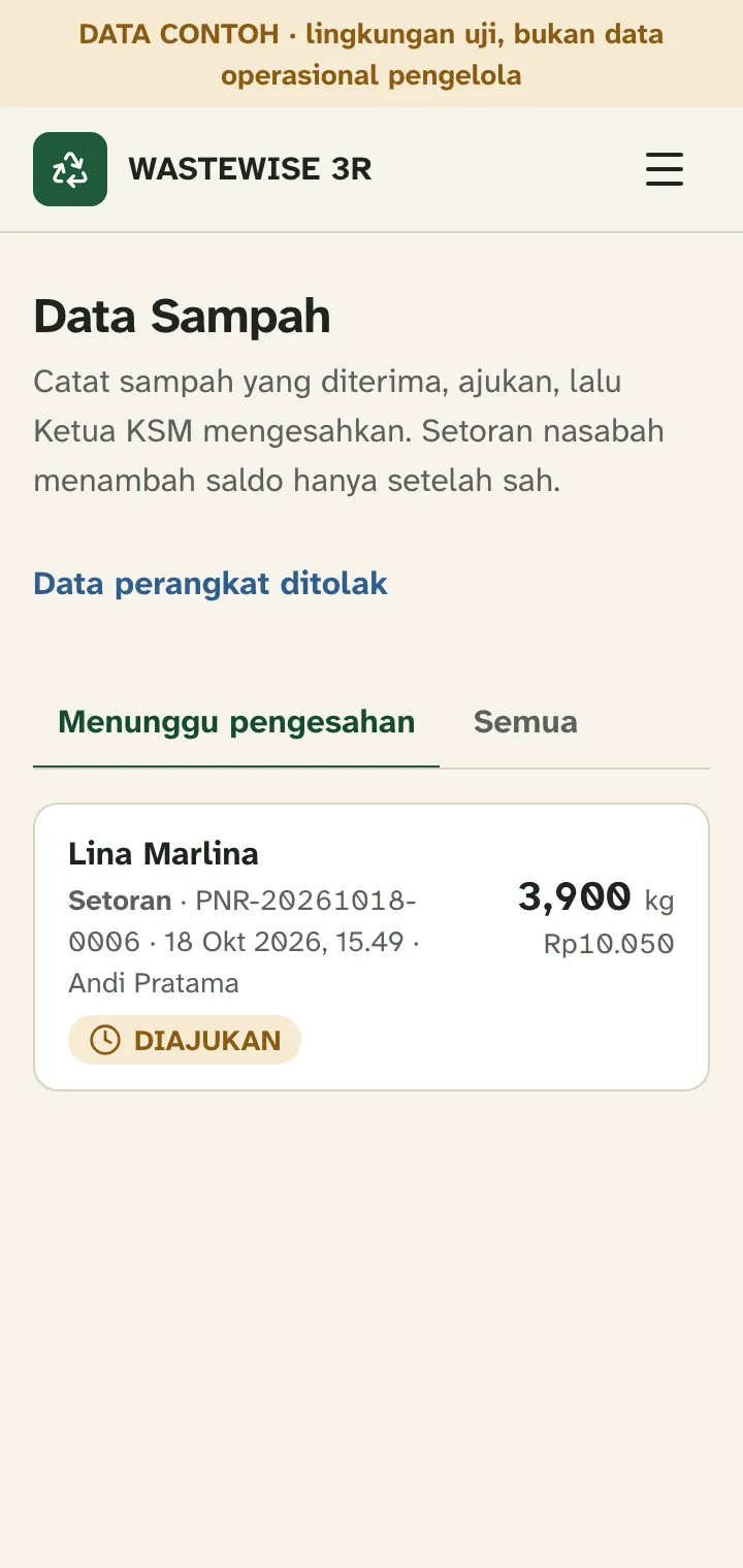 Daftar penerimaan berstatus DIAJUKAN di tab Menunggu pengesahan