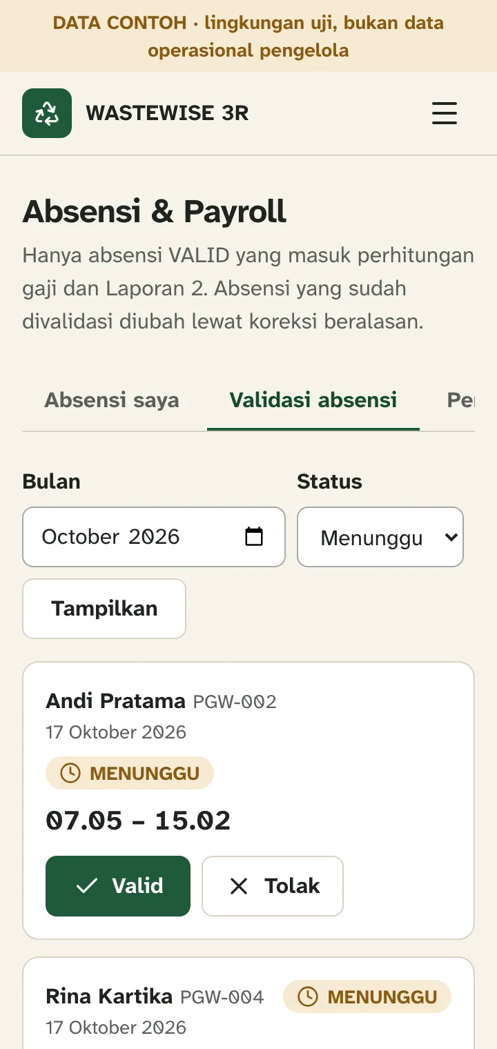 Daftar absensi berstatus MENUNGGU dengan tombol Valid dan Tolak