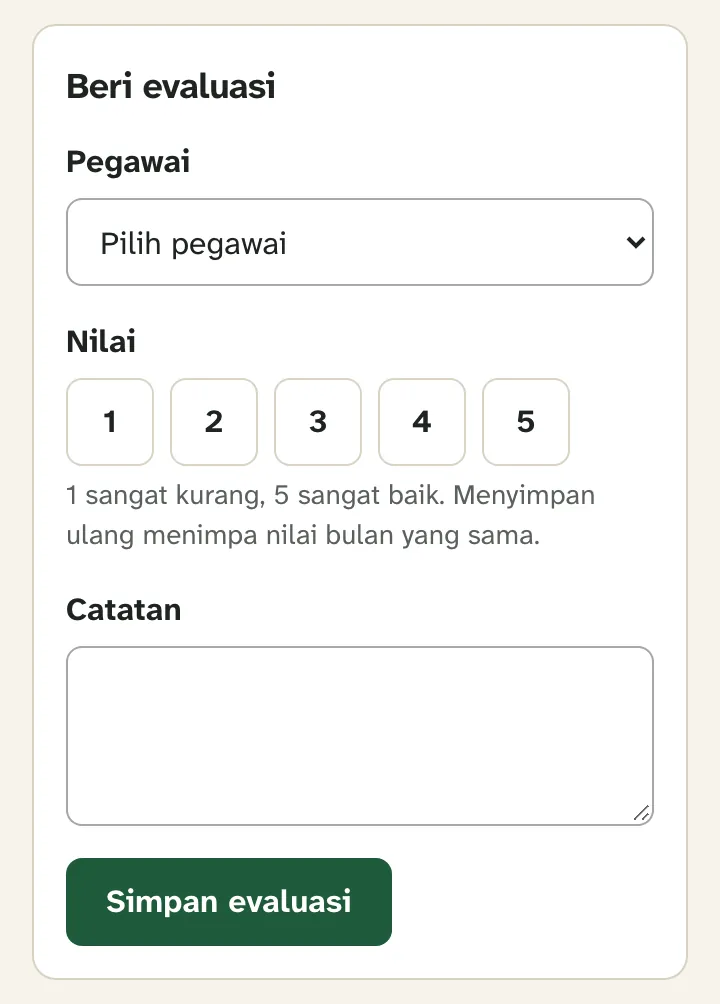 Formulir Beri evaluasi dengan pilihan nilai 1 sampai 5