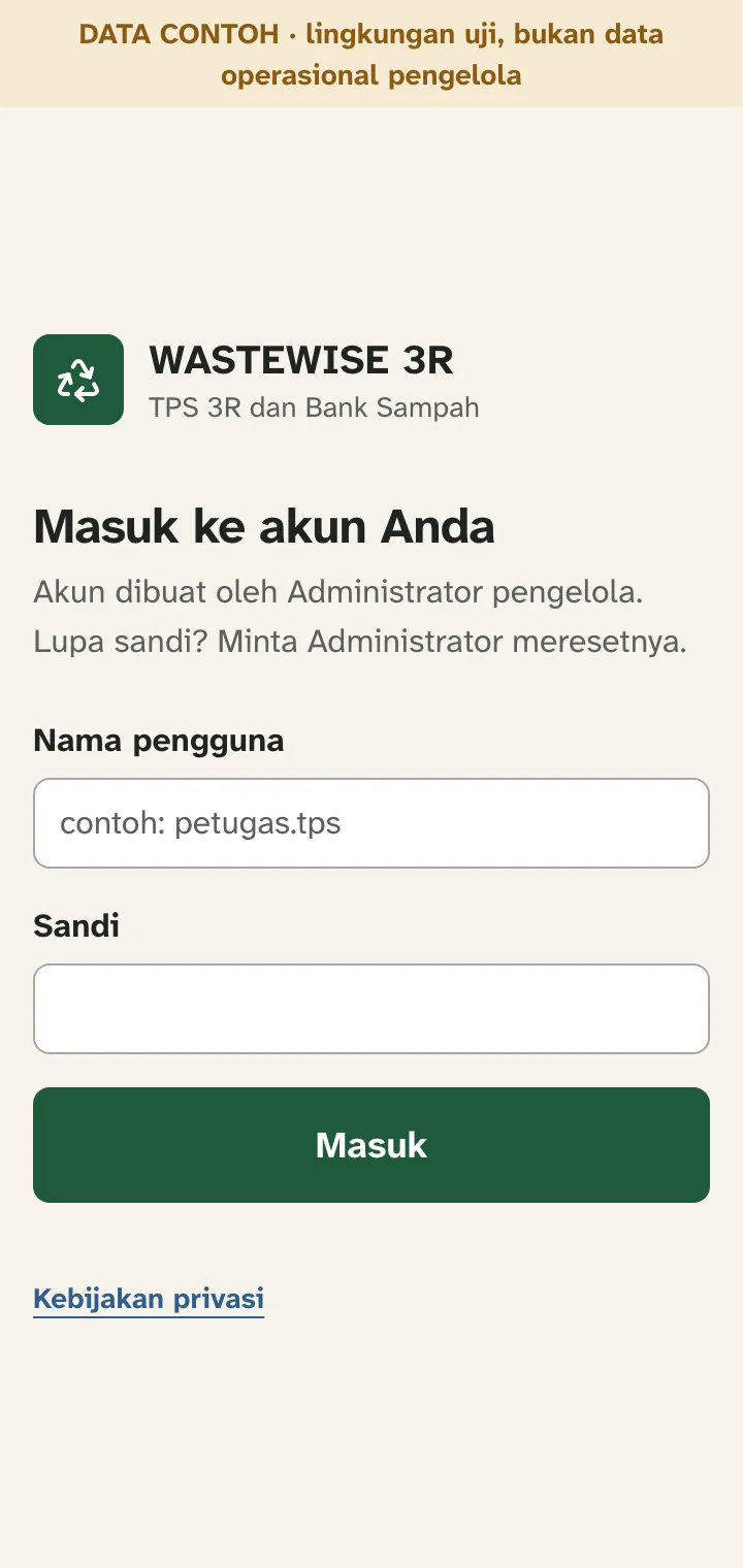 Halaman masuk WASTEWISE 3R di ponsel