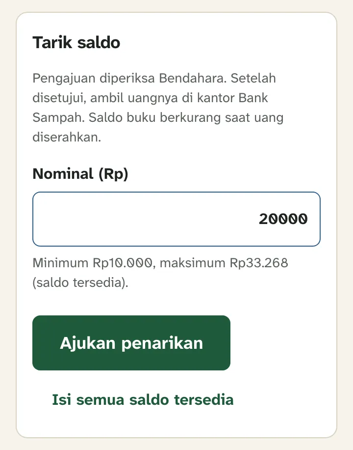 Formulir Tarik saldo dengan kolom nominal dan tombol Ajukan penarikan