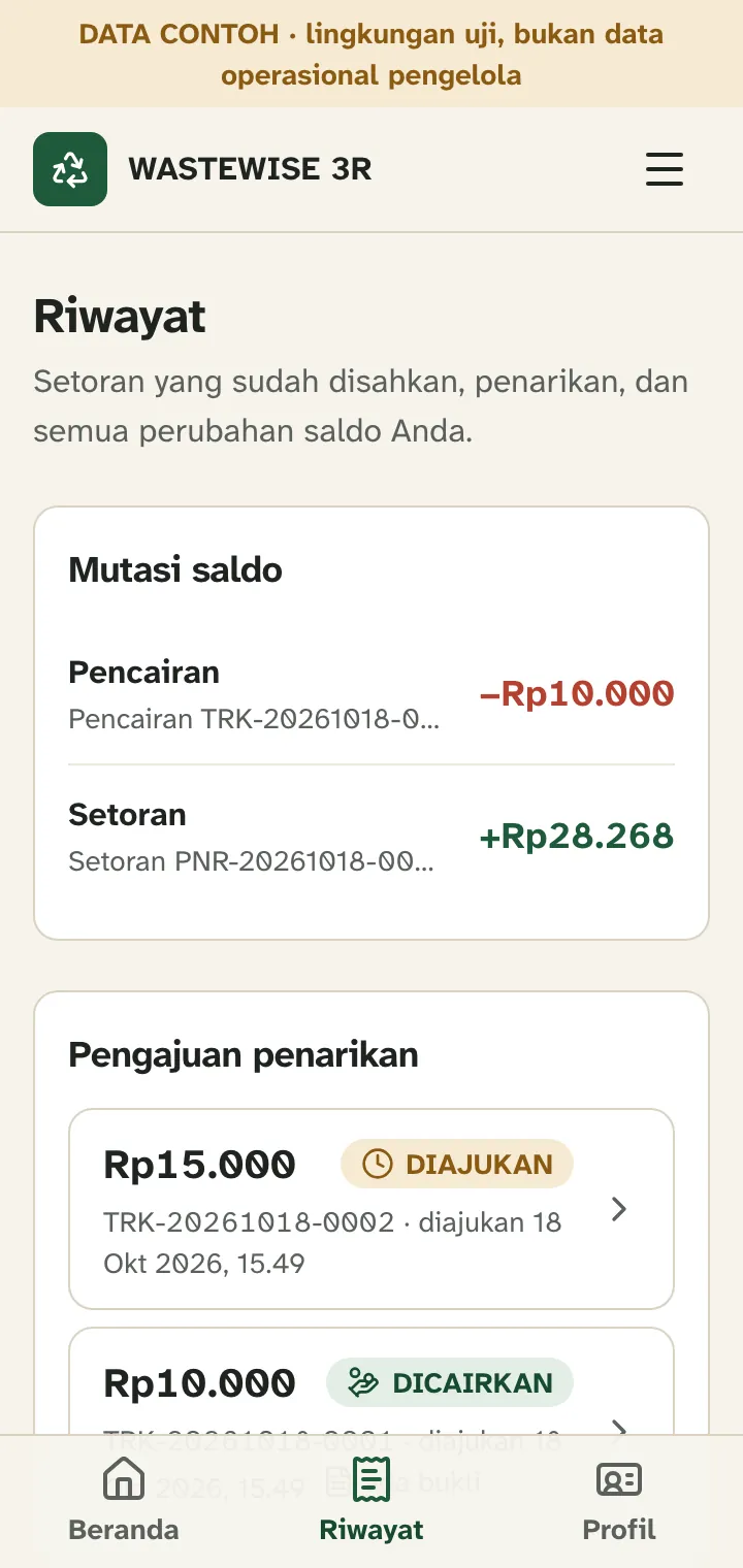 Halaman Riwayat dengan mutasi saldo dan daftar pengajuan penarikan