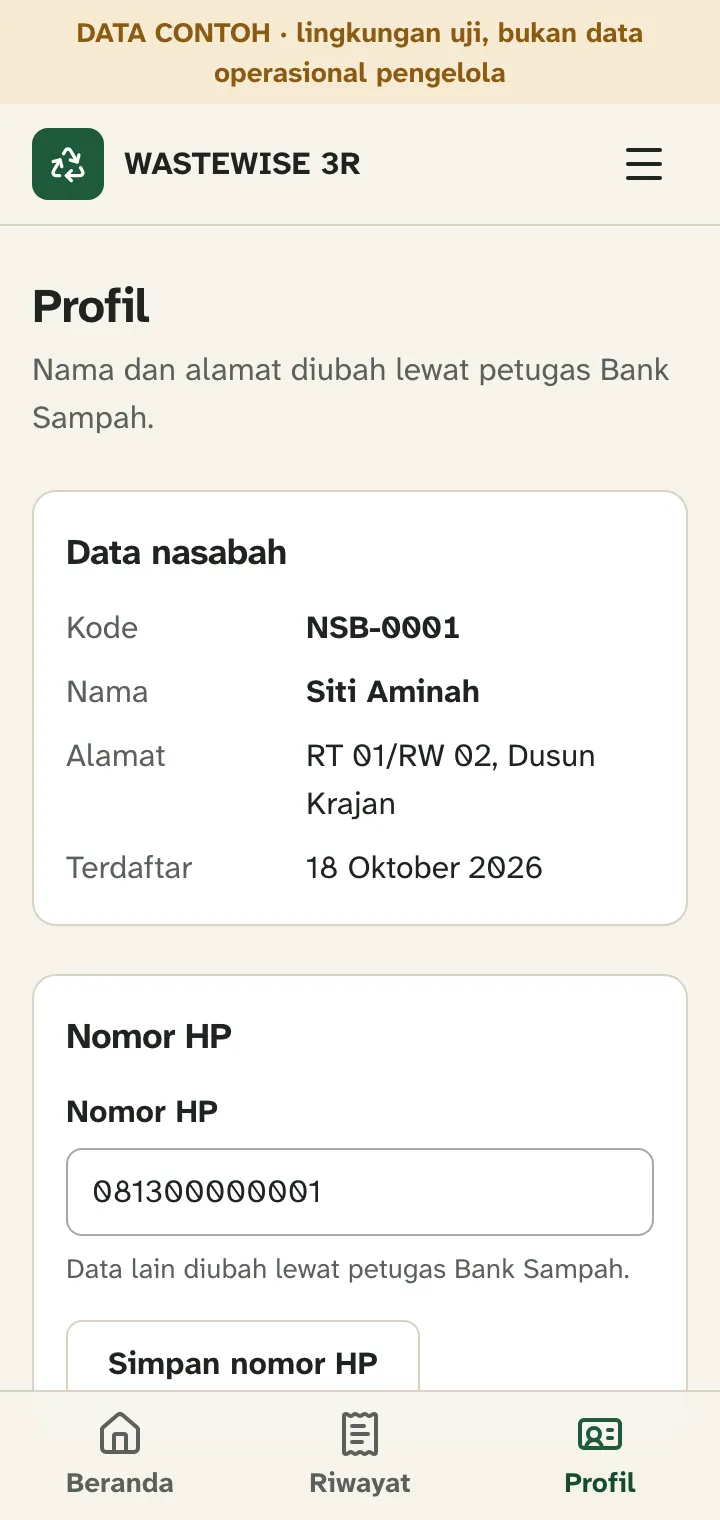 Halaman Profil nasabah dengan kolom nomor HP