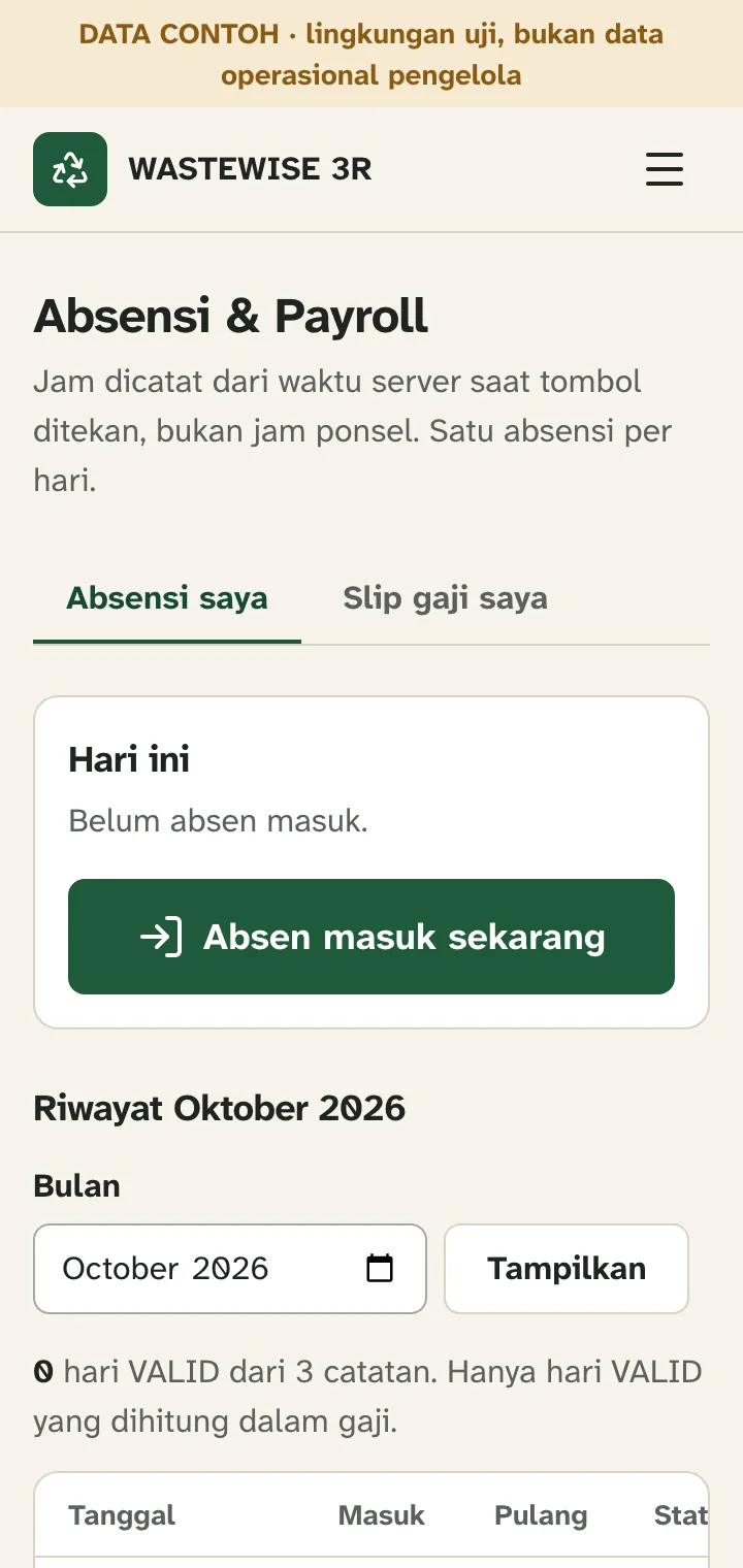 Layar Absensi & Penggajian di ponsel dengan tombol Absen masuk sekarang