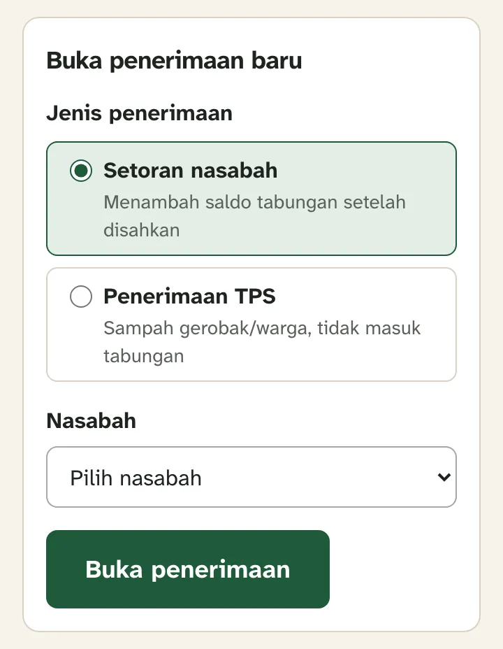 Formulir Buka penerimaan baru dengan pilihan Setoran nasabah dan Penerimaan TPS