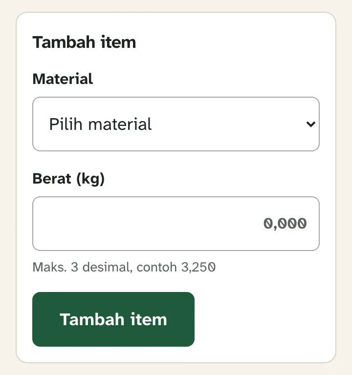 Formulir Tambah item penerimaan di ponsel dengan pilihan material dan kolom berat