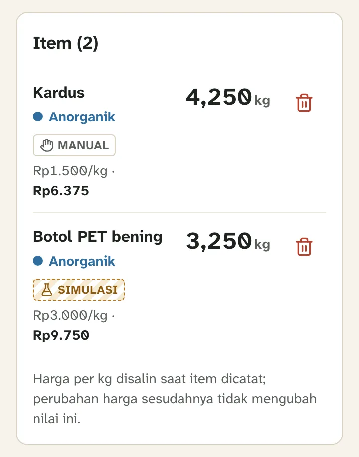 Daftar item penerimaan: Kardus berlabel MANUAL dan Botol PET bening berlabel SIMULASI