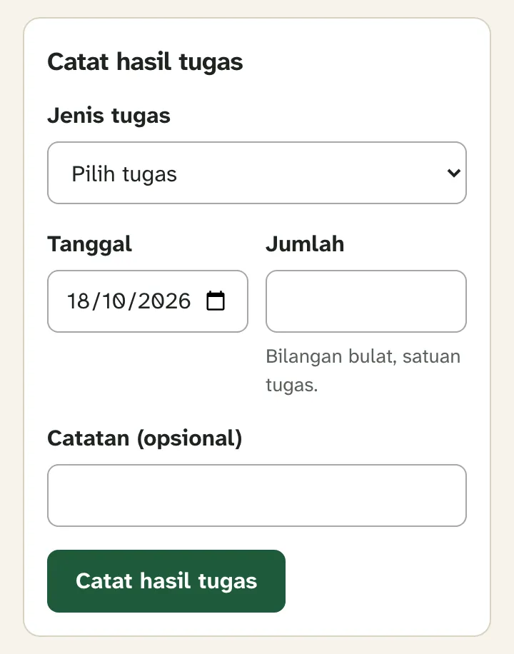 Formulir Catat hasil tugas dengan jenis tugas, tanggal, dan jumlah